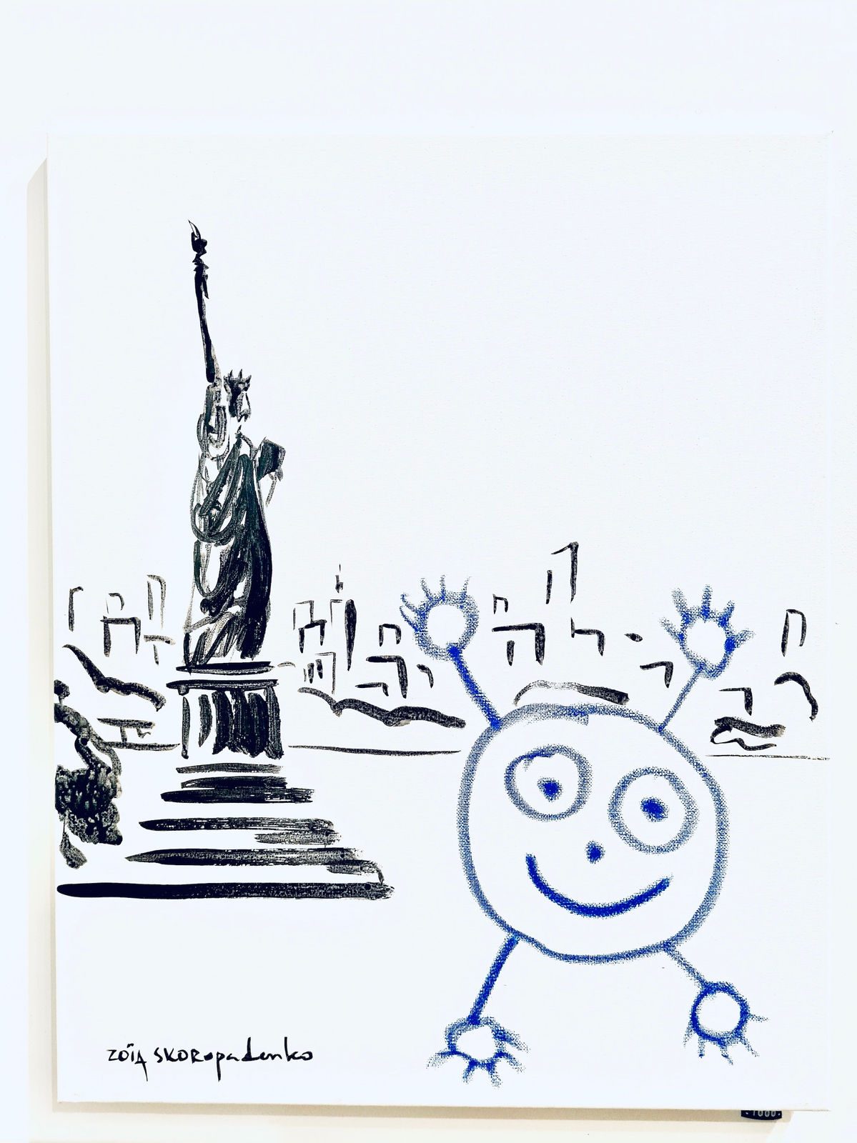 Drawing of Blue Boy in front of the Statue of Liberty and a New York skyline, signed Zoia Skoropadenko