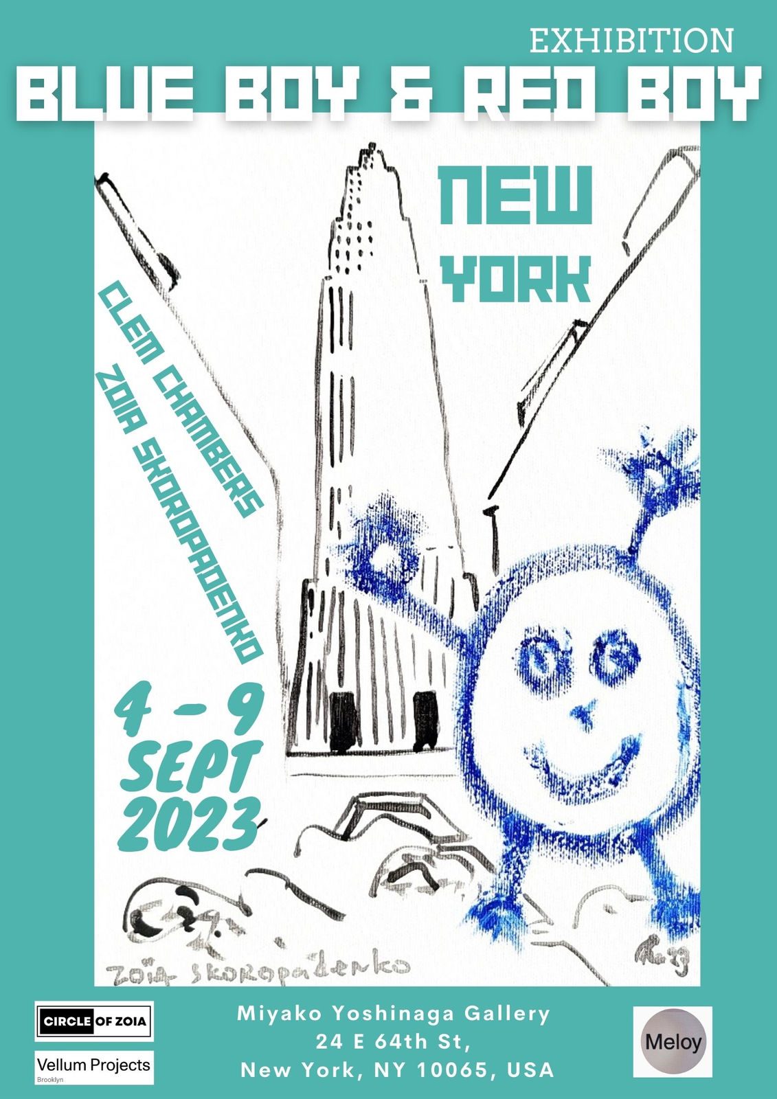 Teal exhibition poster for Blue Boy and Red Boy in New York, 4–9 September 2023, Miyako Yoshinaga Gallery, with Blue Boy and the Empire State Building