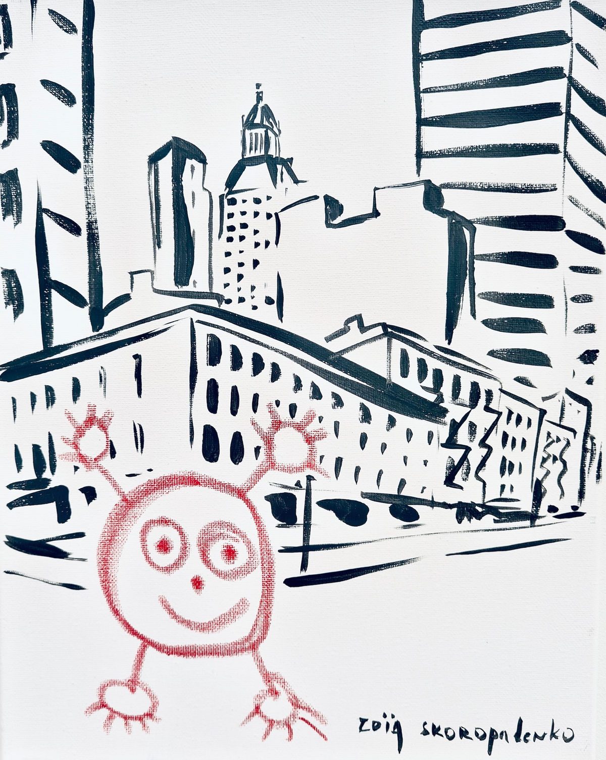 Drawing of Red Boy in front of a detailed New York street of tall buildings, signed Zoia Skoropadenko