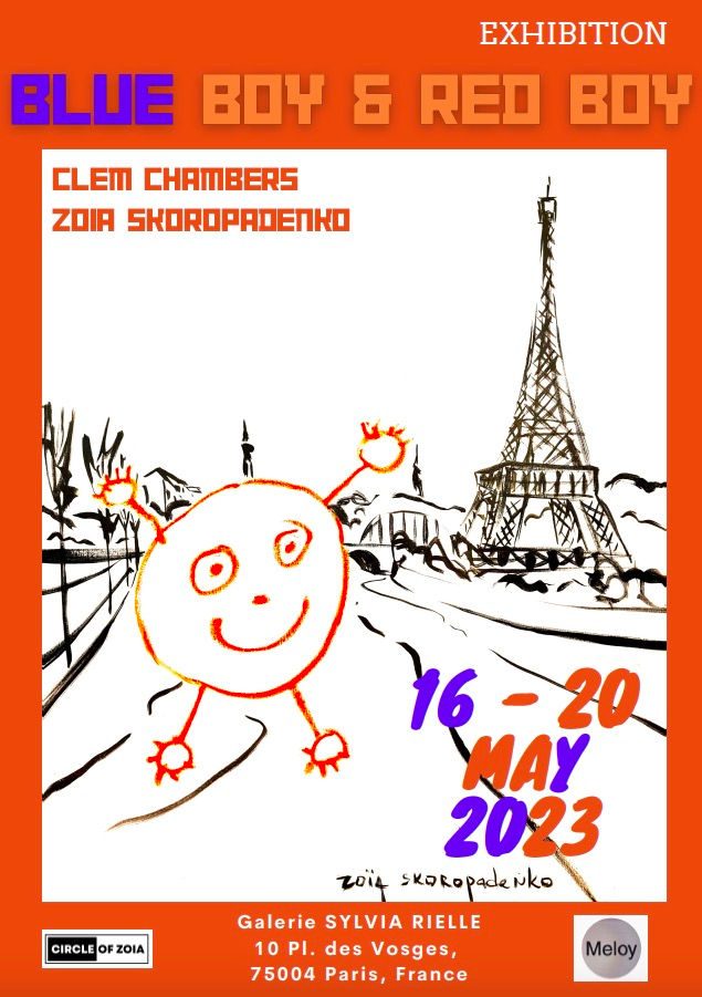 Exhibition poster: Blue Boy and Red Boy, Clem Chambers and Zoia Skoropadenko, 16–20 May 2023, Galerie Sylvia Rielle, Place des Vosges, Paris