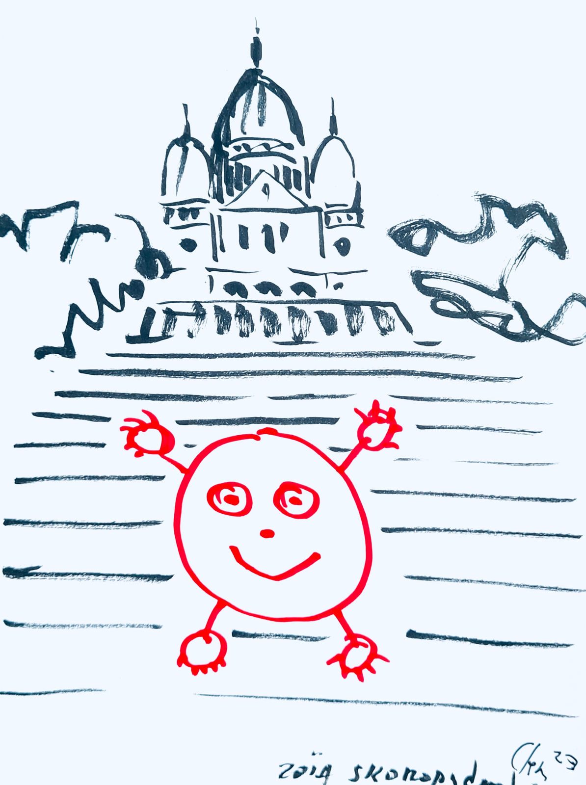 Ink drawing of Red Boy in front of Sacré-Cœur, signed Zoia Skoropadenko 23