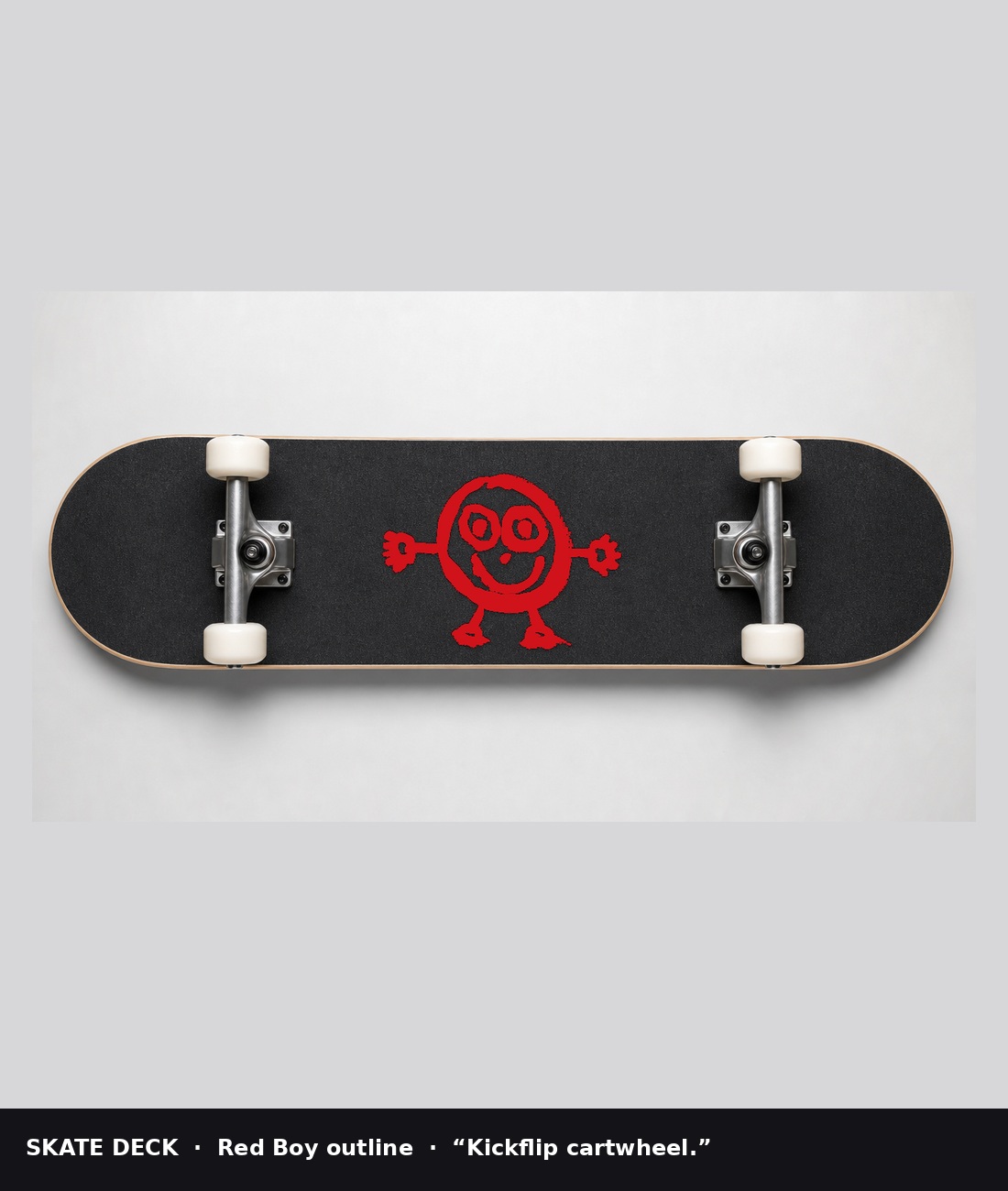 Black skate deck with Red Boy outline