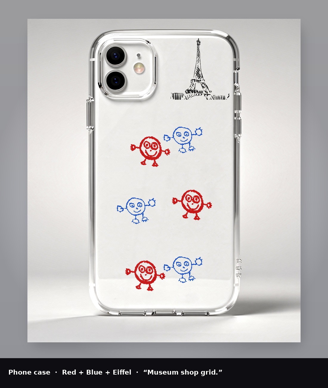 Clear phone case with Red Boy and Blue Boy alternating outline pattern