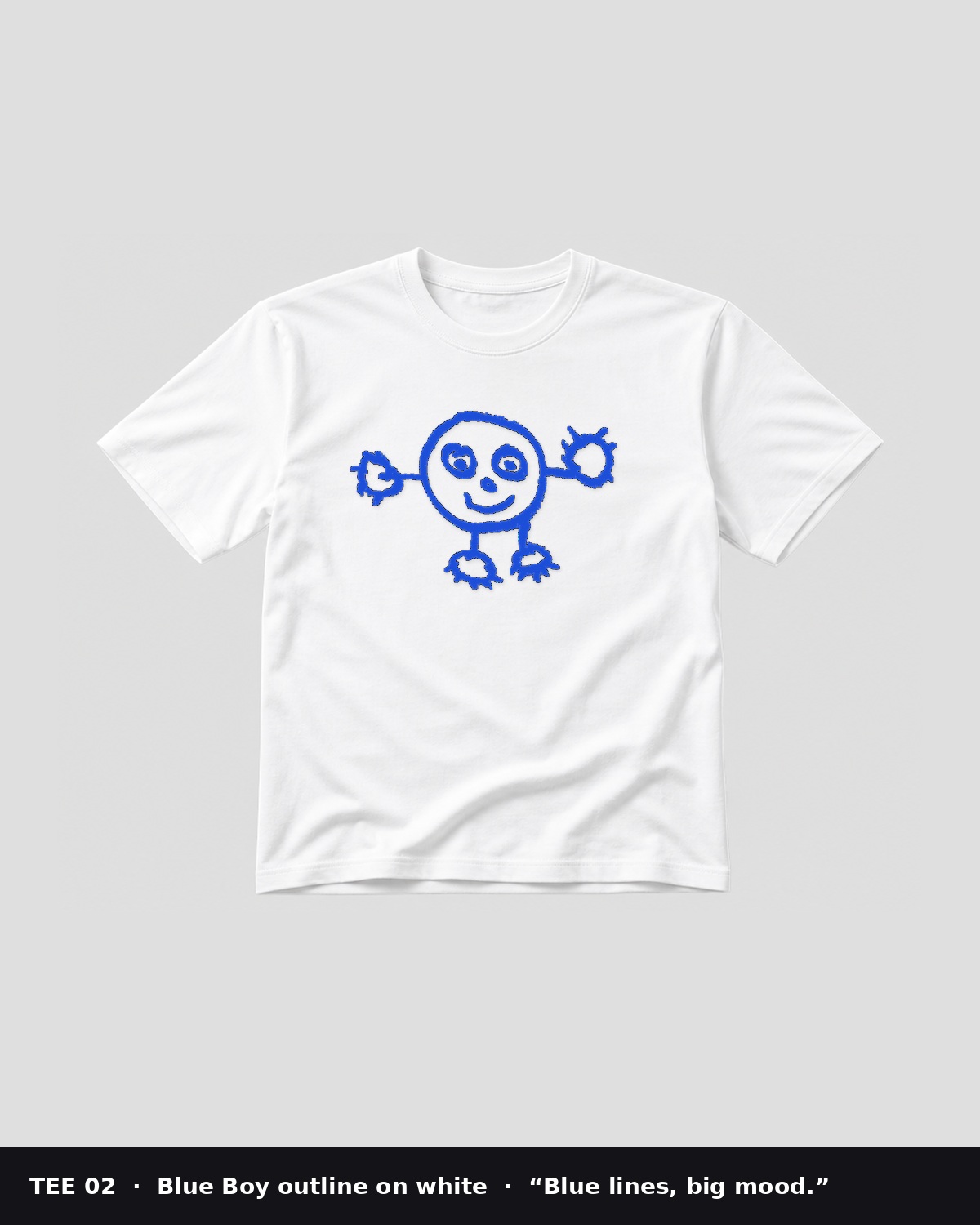 White t-shirt with Blue Boy as blue outline only, unfilled face, complete lobed hands