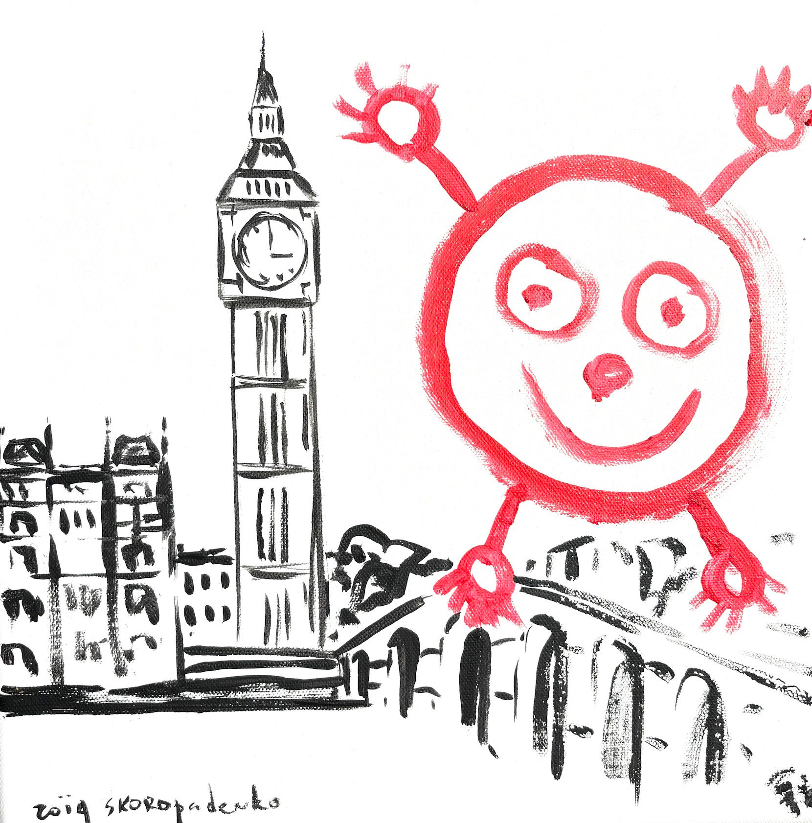 Original painting of a red round figure with arms raised beside a black drawing of the clock tower and a bridge, signed Zoia Skoropadenko